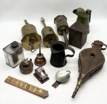 A collection of various items including GPO oil can, brass roasting hooks, perpetual calendar etc.