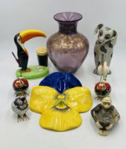 A small collection of miscellaneous items including a Murano glass vase, Raku Pottery dog, three