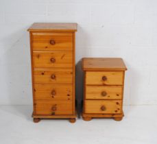 A modern pine narrow chest of five drawers, along with a modern pine bedside chest of three drawers