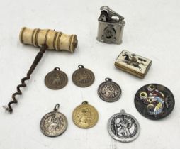 A small collection of items including bone handled corkscrew, Royal Horse Artillery lighter, large