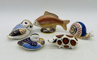 A collection of five unboxed Royal Crown Derby paperweights, all in the forms of animals including