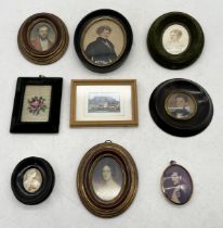 A collection of framed miniatures pictures, portraits and prints