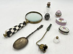 A small collection of items including large magnifying glass with hardstone handle, Limoges