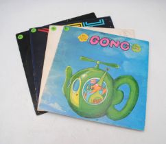 A collection of four 12" vinyl records by Gong, comprising 'Flying Teapot (Radio Gnome Invisible