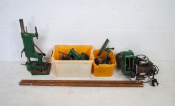 A Coronet wood turning lathe, with various accessories, along with a WM Ridgway & Sons pillar drill,