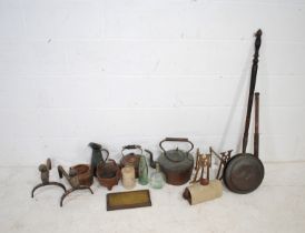 A mixed lot, including a glass bottle named to 'Southwood, Axminster', copper kettles, copper