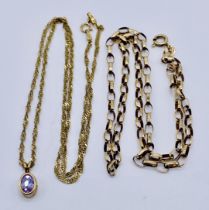 A 9ct gold chain along with a 9ct necklace with amethyst pendant, total weight 67g