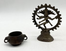 A small Eastern bronze incense burner with twin handled in the form of elephants along with a bronze