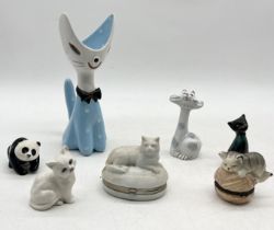 A collection of various cat figures and trinket boxes including mid century Italian scoop head vase,