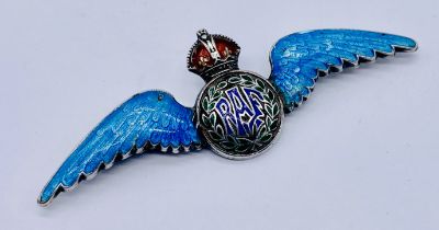 A Sterling silver RAF brooch with enamelled detailing