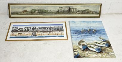 A small collection of pictures including panoramic print of Sidmouth, oil on canvas of a harbour
