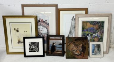 A collection of prints and paintings on the subject of cats including limited edition Linda Jane