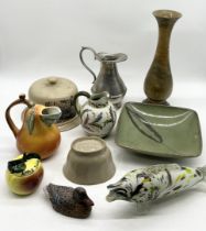 A collection of various glass and china including early Denby jug, Murano fish, cheese dome, pitcher