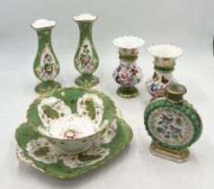 A collection of antique china with mint green, gilt and floral design including pair of vases by