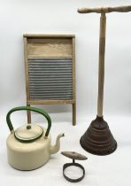 A small collection of kitchenalia including washboard, enamel kettle etc