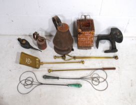 A mixed lot, including a Chinese lantern, shoe last, oil cans, fire irons etc.