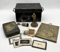 A collection of items including LMS railway tin, Napoleon brass plaque and figure, ephemera etc.