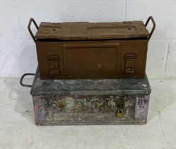 Two vintage ammo boxes with side handles both containing a selection of hand tools.