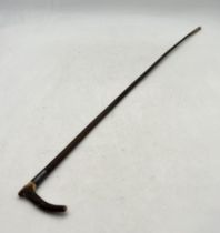 A Swaine hunting crop with silver collar and antler handle, missing tail end, collar marked M.F.H.S,