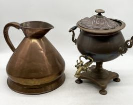 A large 2 gallon copper jug named to W.R. Loftus Ltd, London along with a copper samovar