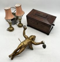 A collection of items comprising of an inlaid tea caddy with two interior boxes and glass tumbler,