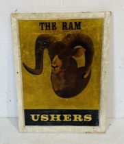 A wooden double-sided Ushers "The Ram" pub sign - height 92cm, width 68cm