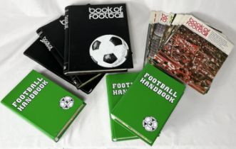 A collection of vintage football magazines including Football Handbook and Book of Football