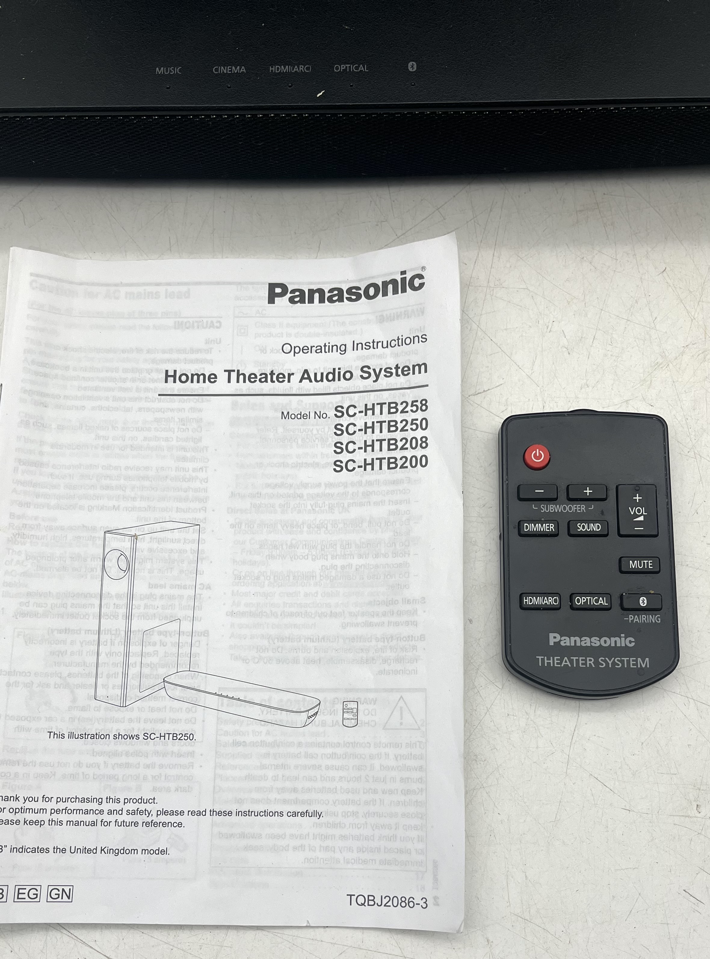 A Panasonic home theater audio system comprising an SU-HTB258 soundbar and an SB-HWA250 sub- woofer - Image 5 of 8