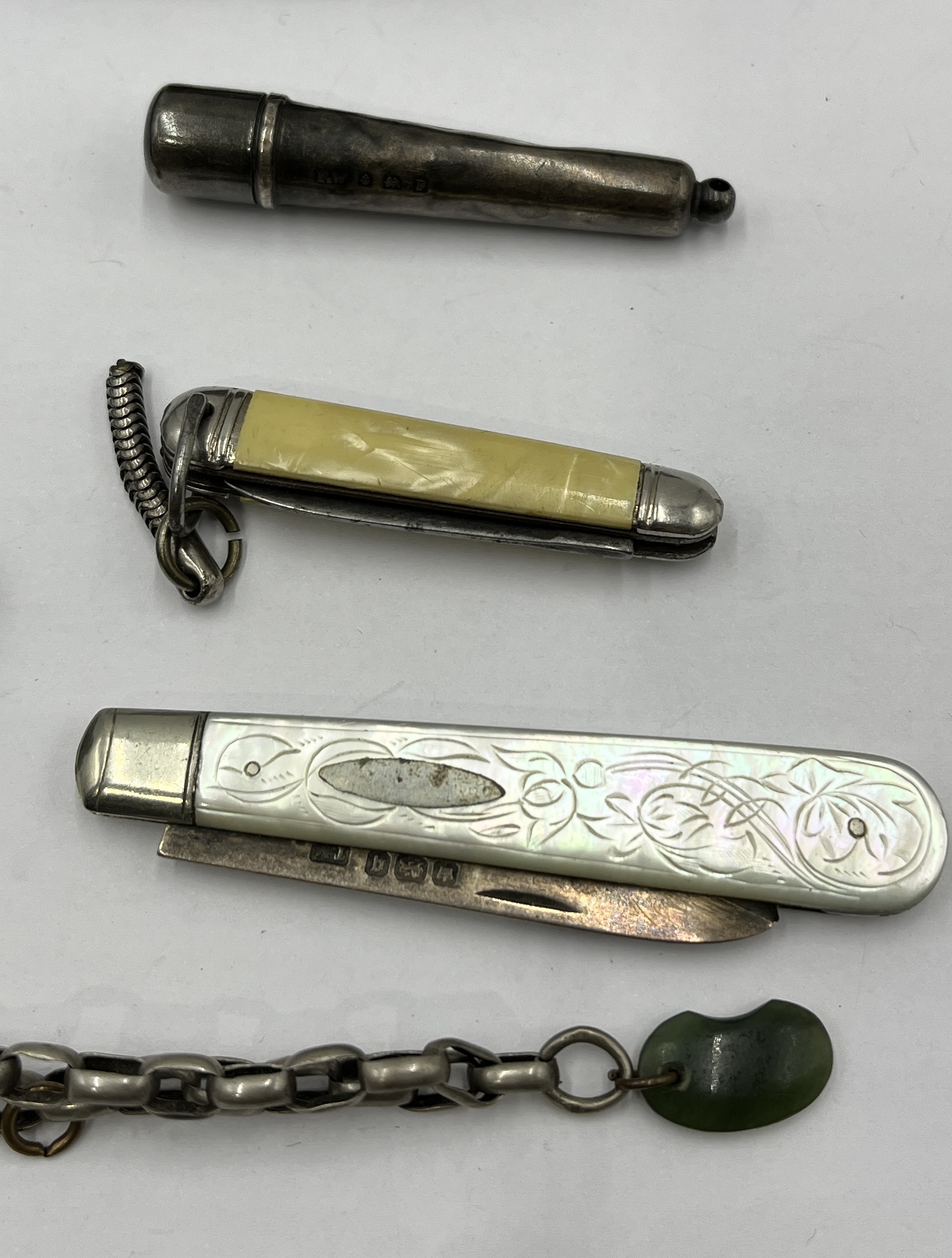 A large jet cross on chain, silver bladed fruit knife, unmarked silver chain etc. - Image 2 of 2