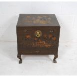 A small Oriental carved wooden trunk, with inner tray and single drawer under - length 52cm, depth