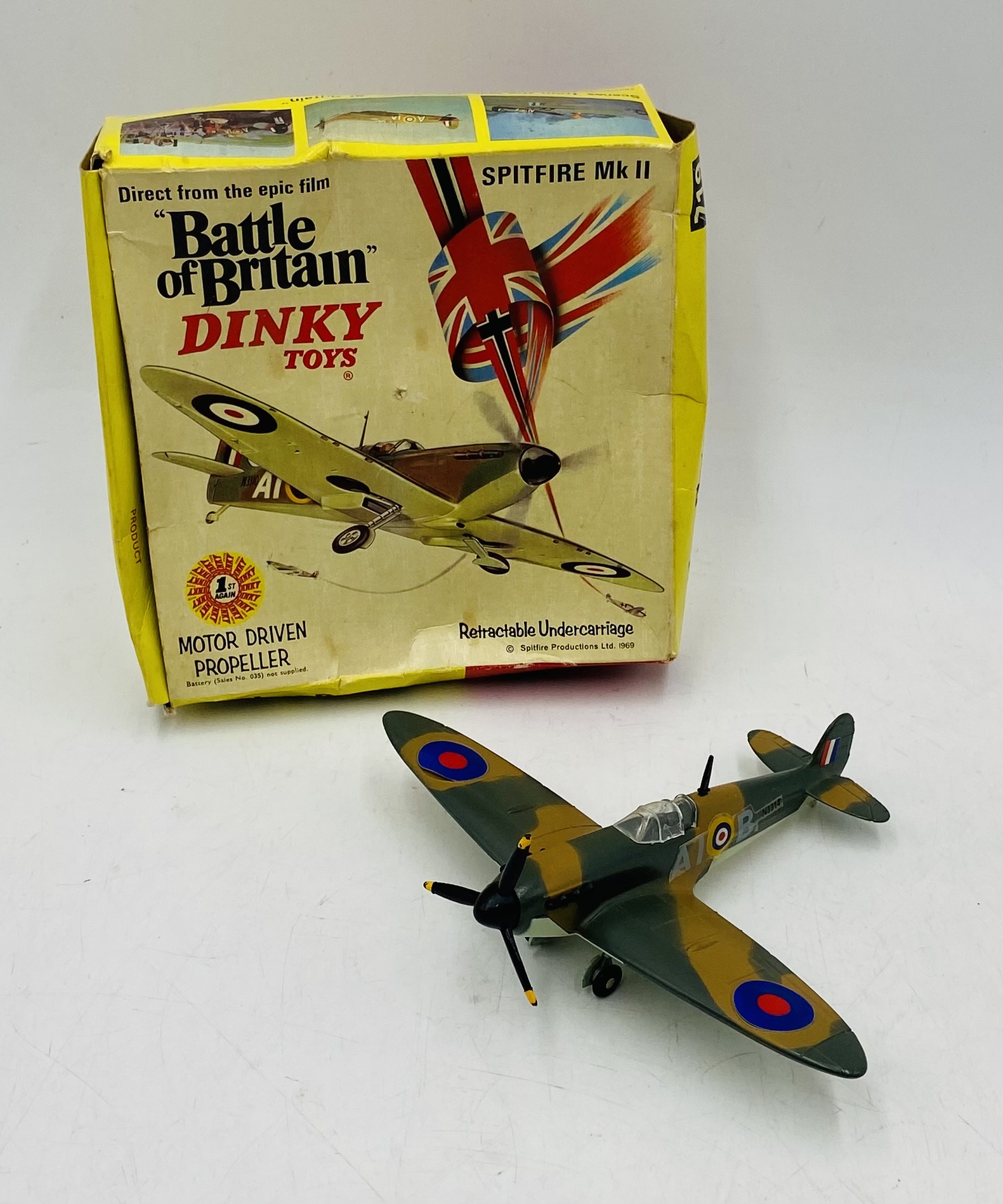 A vintage boxed Dinky Toys "Battle of Britain" Spitfire Mk II die-cast model (No 719)