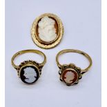 Two 9ct gold rings both set with a cameo (sizes O 1/2 & N 1/2) along with a rolled gold cameo