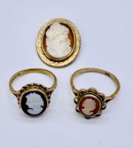 Two 9ct gold rings both set with a cameo (sizes O 1/2 & N 1/2) along with a rolled gold cameo