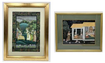 Two framed silk paintings showing Indian scenes