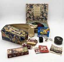 A collection of vintage toys including Johnson Disney projector, Matchbox car, solitaire etc.