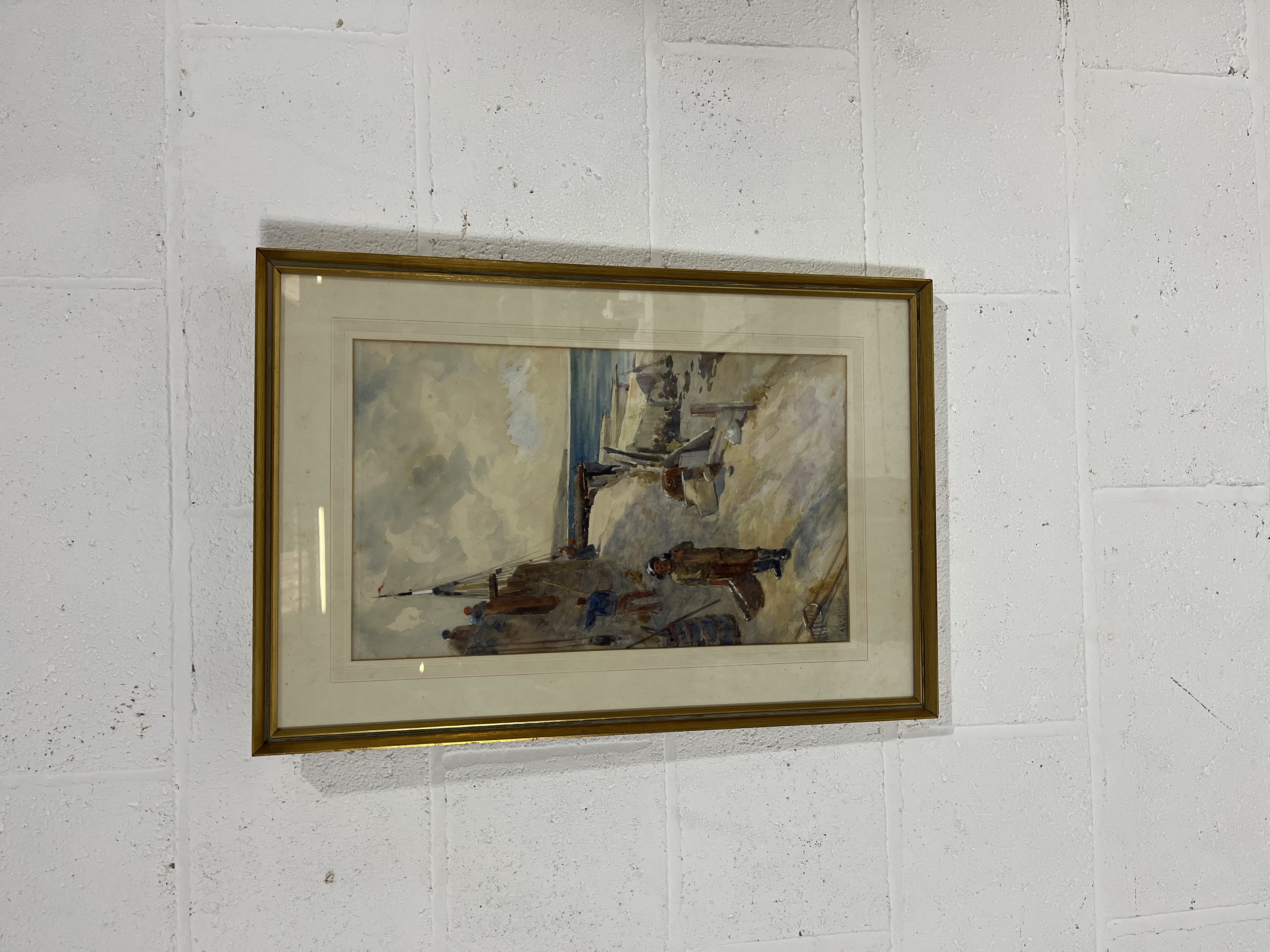 A framed watercolour of Cornish fisherman in harbour with indistinct signature, Pair of framed - Image 5 of 5