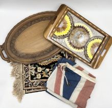 A collection of items including Butterfly tray, vintage union flag etc.