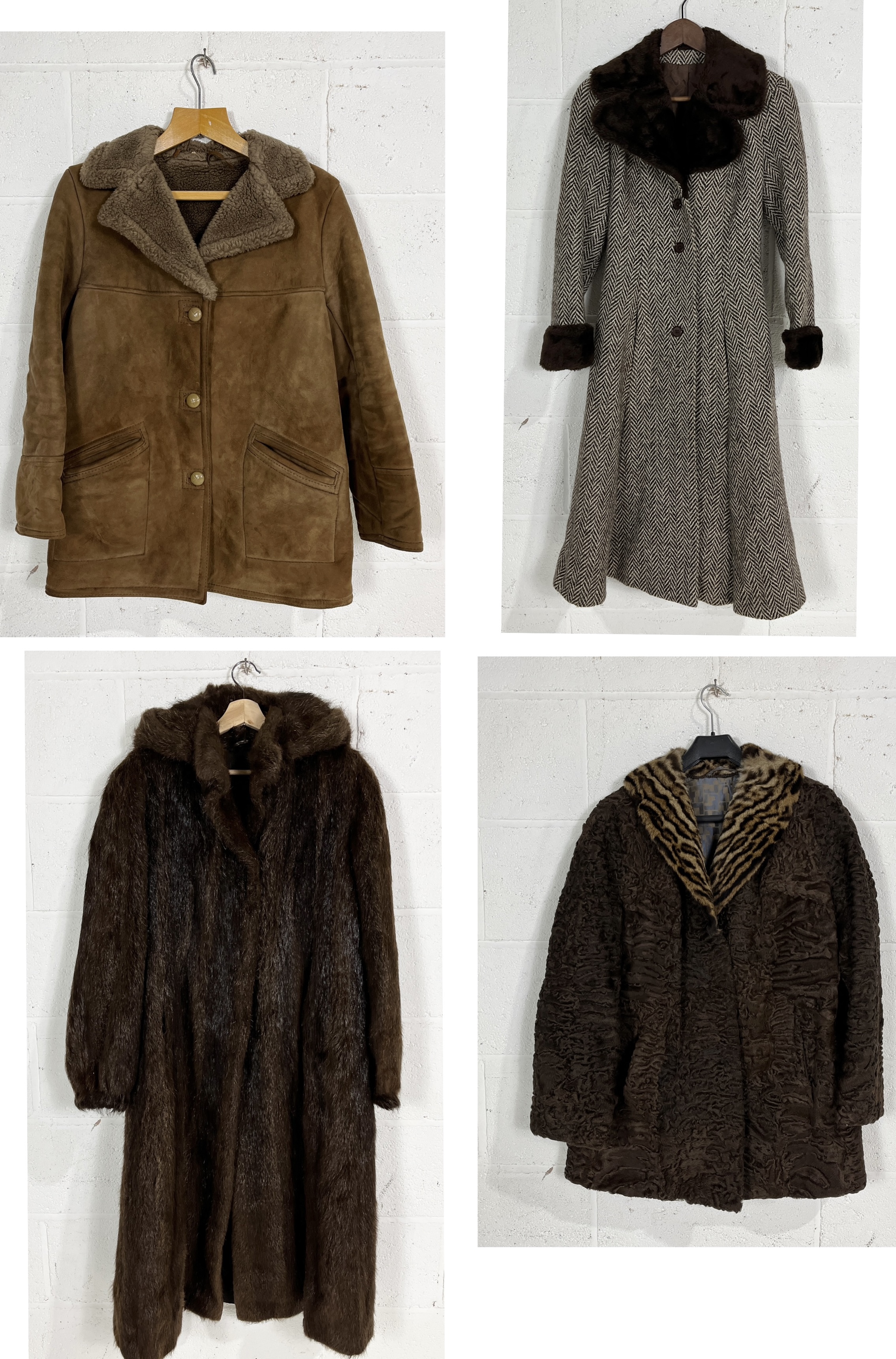 A collection of four vintage coats including long fur coat with hood made in Argentina, ladies fur