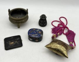 A collection of Eastern items including brass censer, Amita cigarette case with inlaid gold detail
