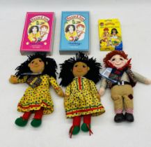 A small collection of Rosie & Jim items including three soft dolls, two VHS video's and a picture