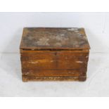 A small antique rustic metal-bound wooden trunk - length 59cm, depth 38.5cm, height 37.5cm