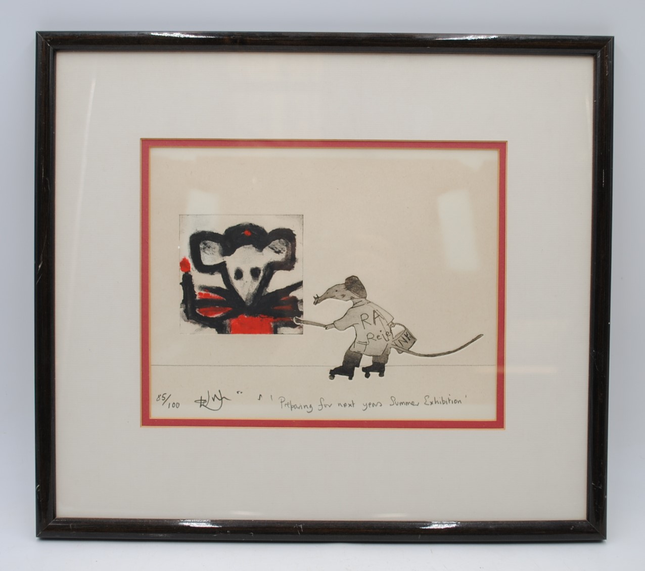 A framed limited edition modern signed print of a mouse painting a self-portrait, entitled '