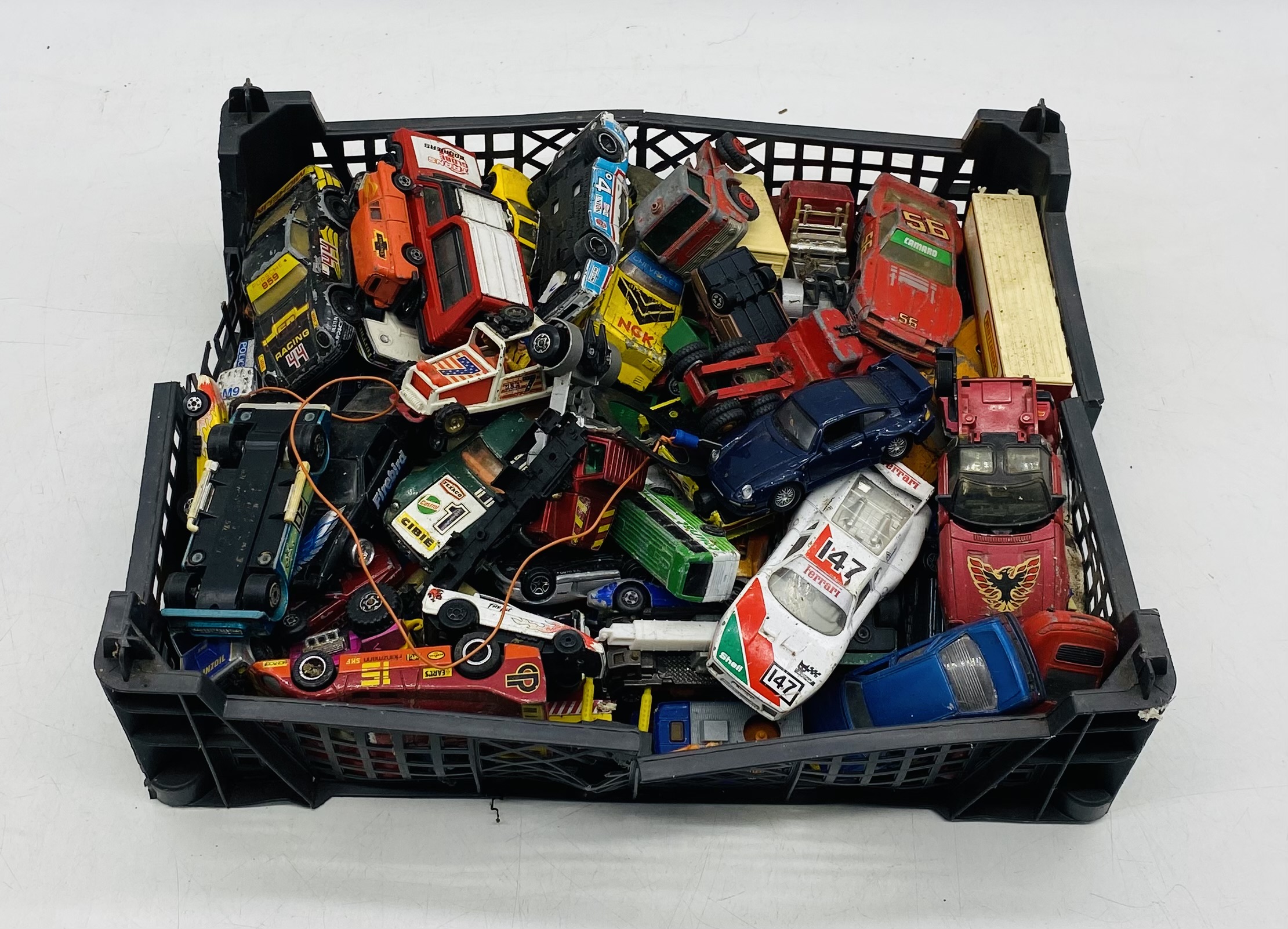 Three small crates of playworn die-cast vehicles including Matchbox, Lesney, Burago, Corgi Toys, - Image 4 of 4