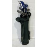 A set of left handed Mizuno Zoid Comp CT golf clubs including a 3 & 5 wood, irons 3-9, pitching