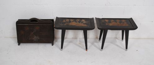 A pair of Chinoiserie stools with carved detailing (one A/F), along with a magazine rack