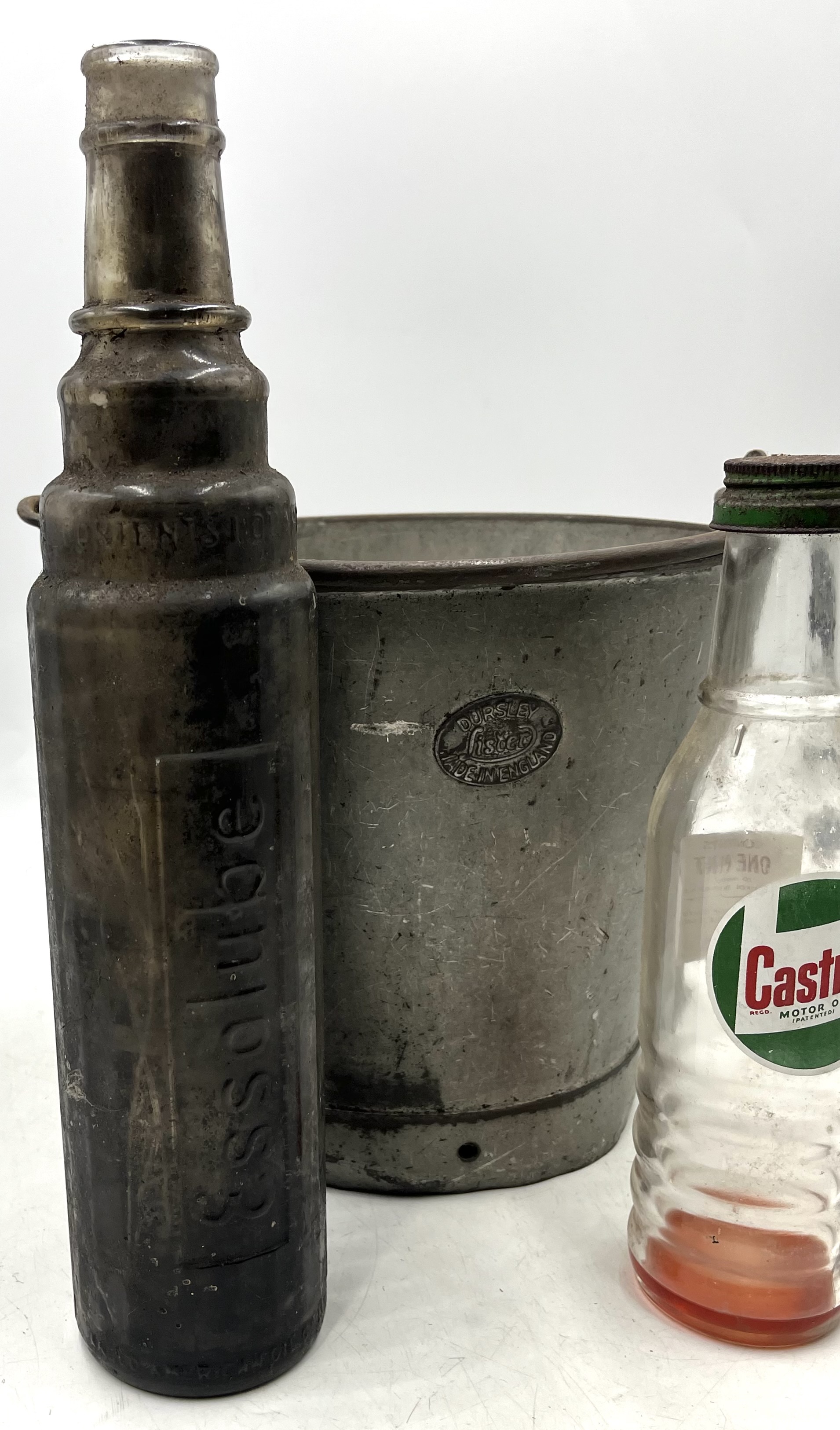 A galvanised Lister bucket along with a Castrol Motor Oil bottle and an Esso lube bottle. - Image 5 of 8