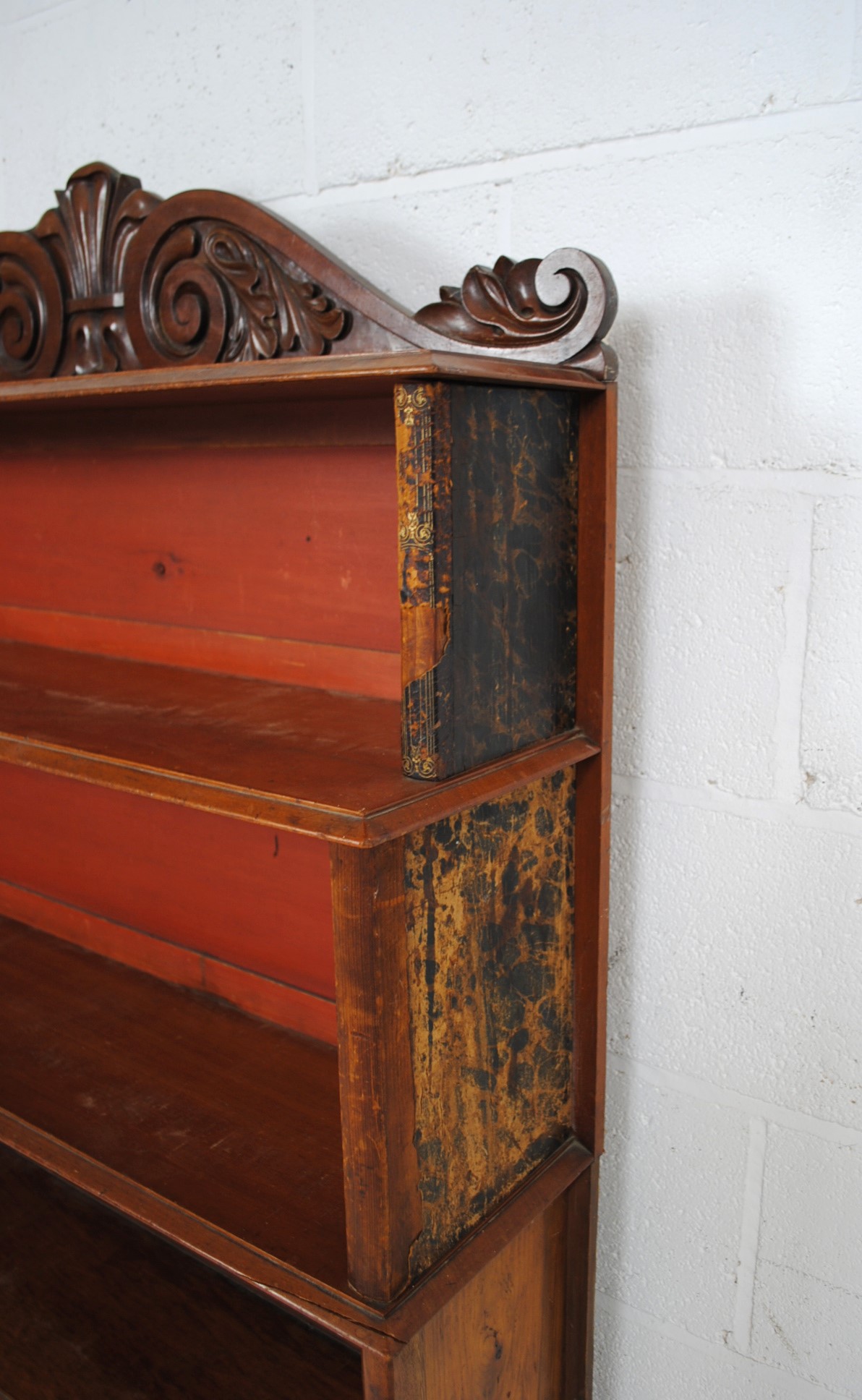 A Victorian mahogany waterfall bookcase, with leather covered ends in the form of books and carved - Image 5 of 10