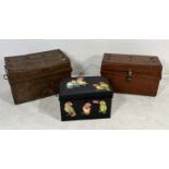 Three tin trunks including one with hand painted parrot design