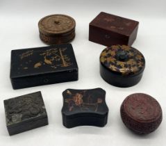 A collection of Eastern boxes including Lacquer ware Japanese tin etc.