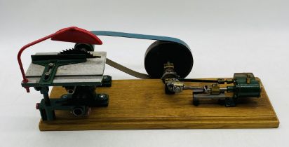 A vintage live steam engine with miniature Picador band saw, mounted on wooden plinth - overall